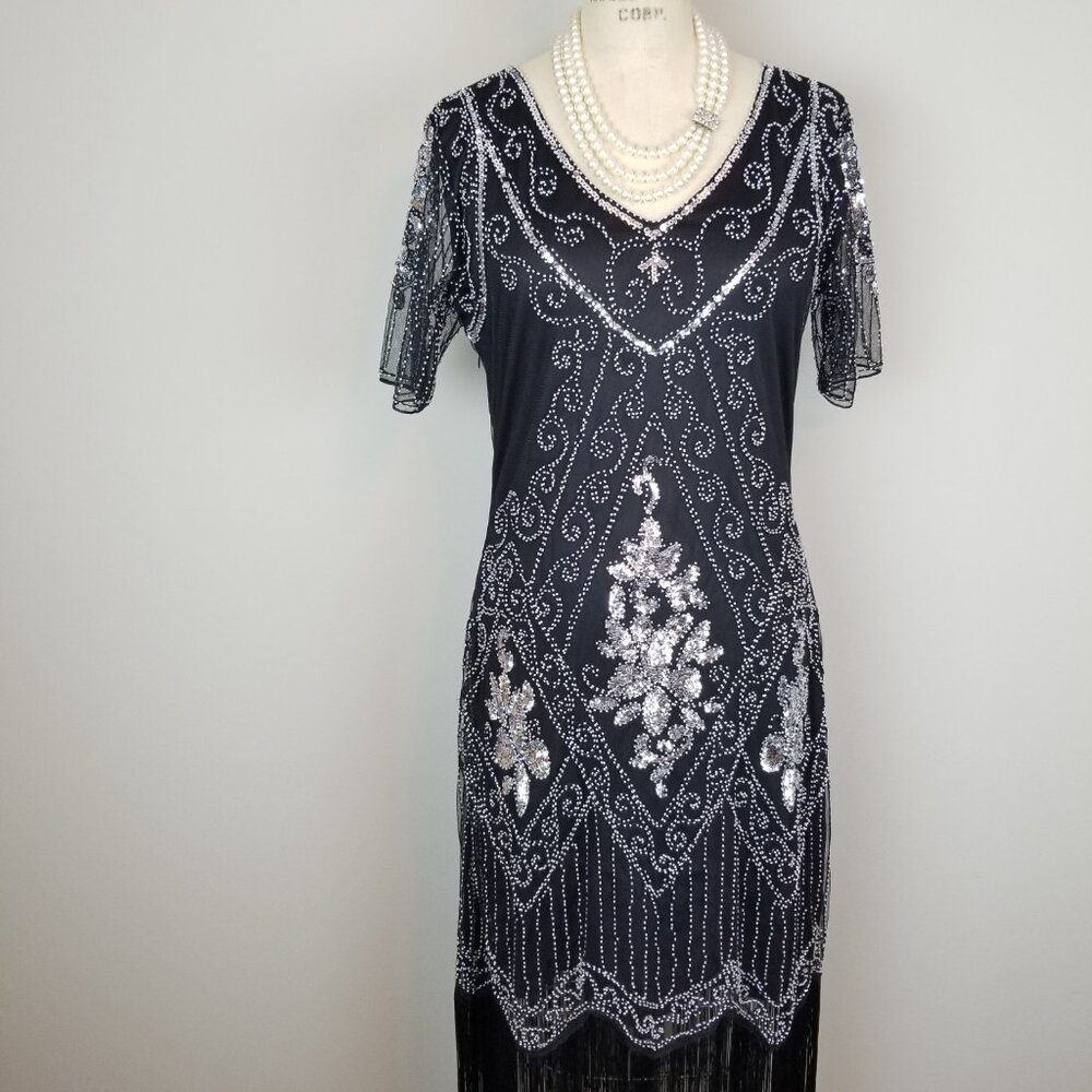 Classic 1920's Style Black Organza Beaded Flapper Style Dress NEW w/Tags Large